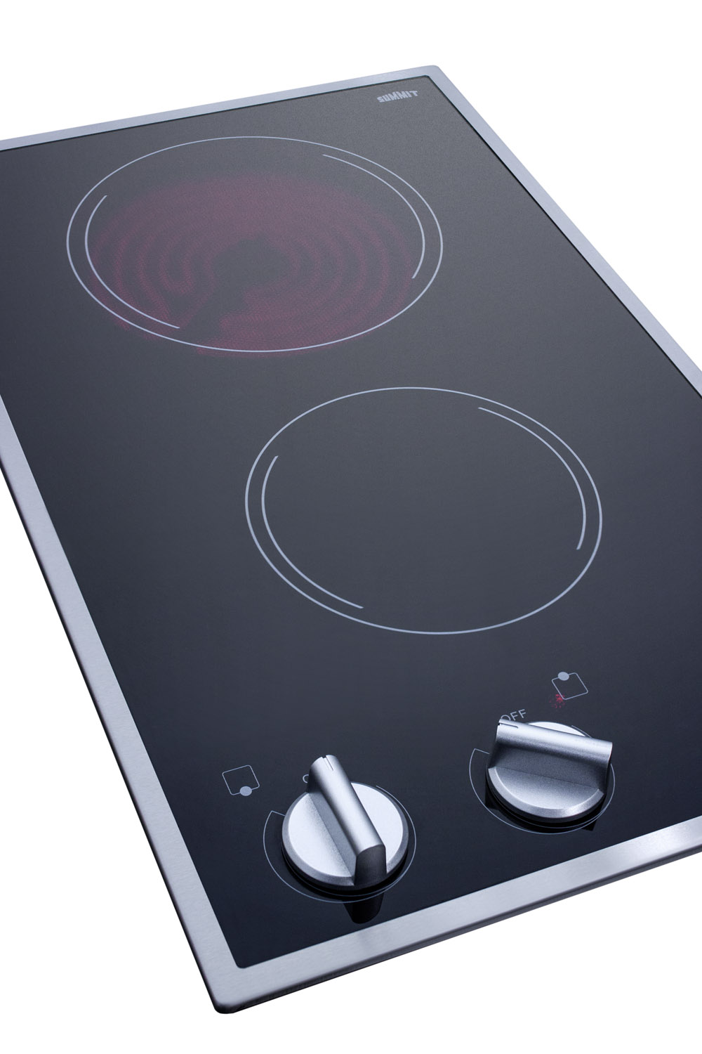 220/240V 2-burner radiant cooktop with smooth black ceramic glass surface, indicator lights, and stainless steel trim